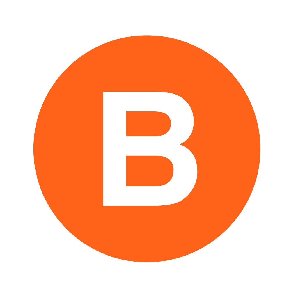 A green background with an orange circle and white letter b.