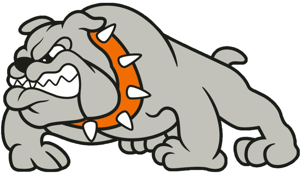 A gray bulldog with orange collar and teeth.