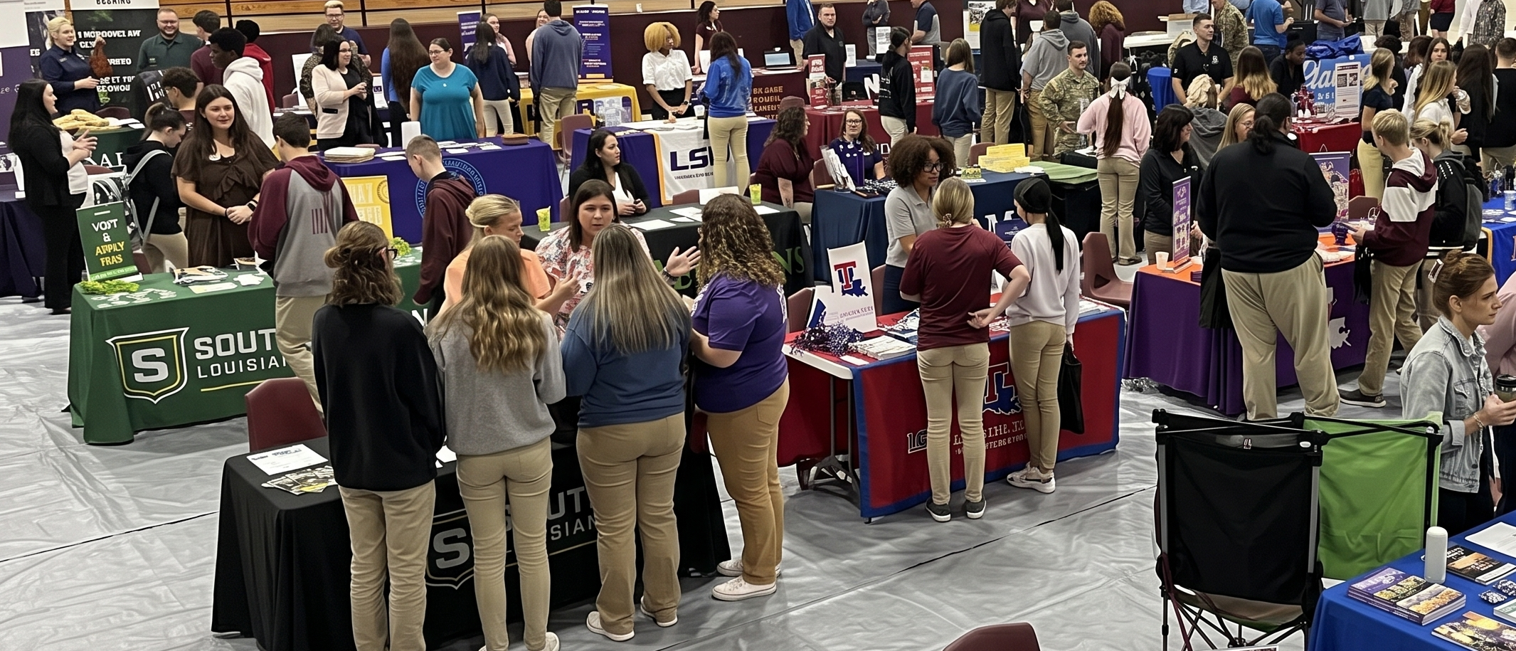 Students speak with college representatives during a college and career fair