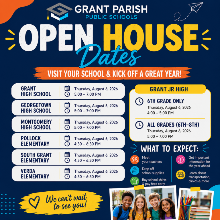 Grant Parish Public Schools Open House flyer for Thursday, August 6, 2026